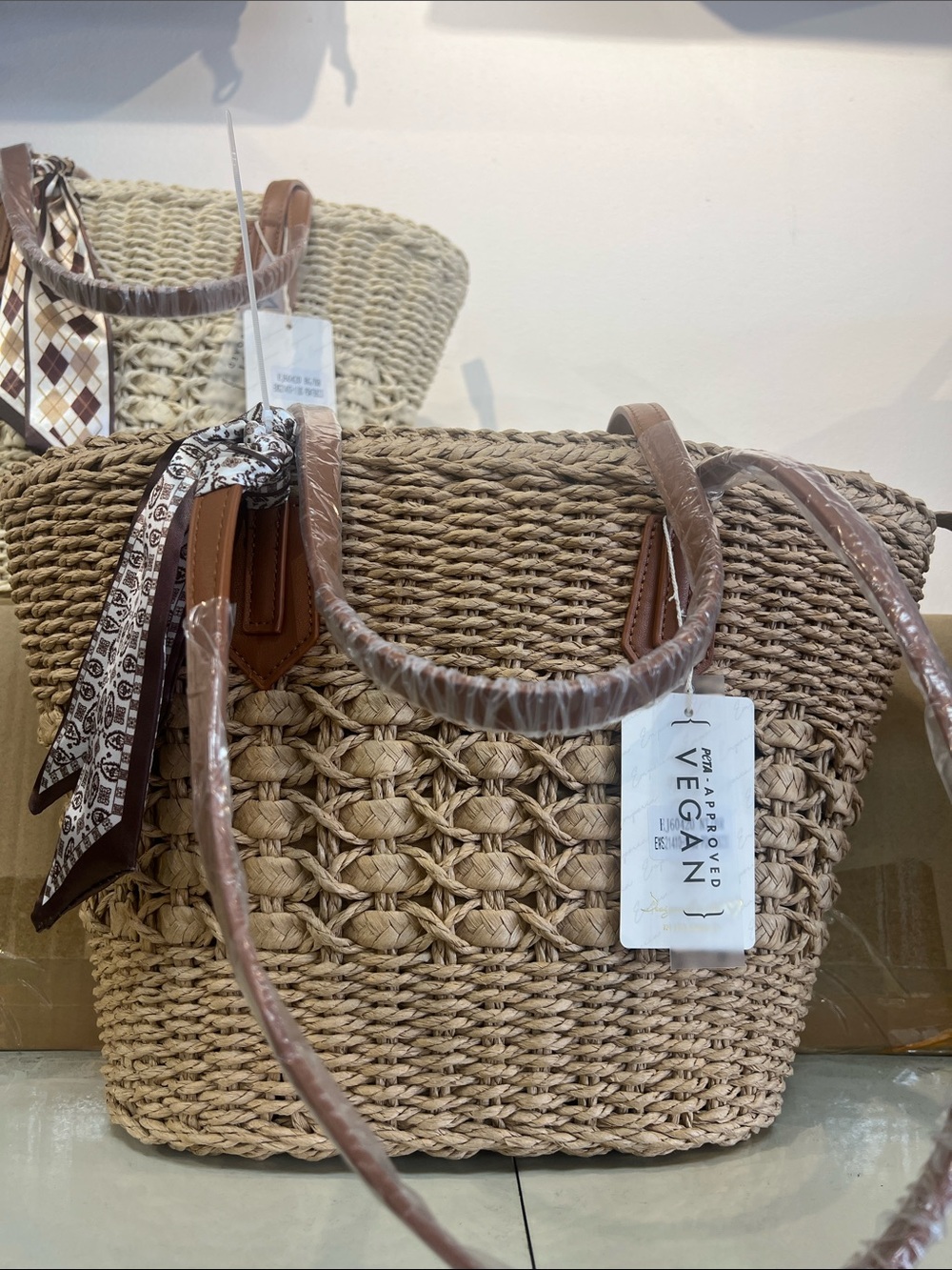 Vegan Braided Straw Tote in Natural with Brown Trim